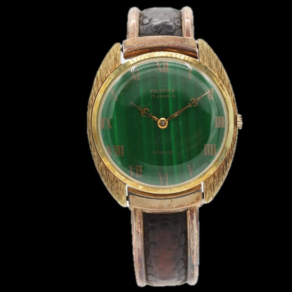 Vintage Fairfax Green Tiger Eye w Fleur De Lis Hands Men's Wristwatch Bark Case